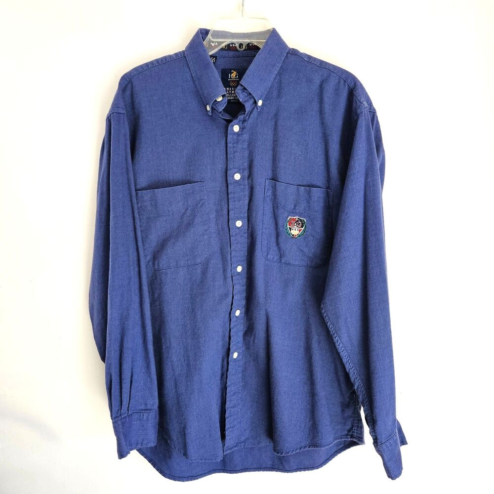 Henry Grethel American Olympiad Shirt Mens Large Blue LS Button Down USA Crest